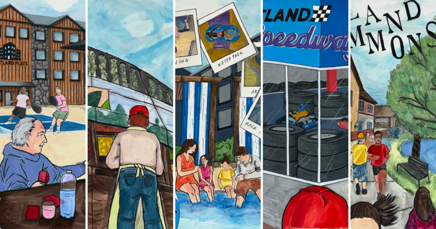 A collage of five images shows potential uses for Eastland Mall, including a go-kart track, a park, a grow hub, a pickleball court, and a family fun center