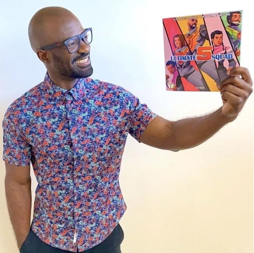 Roudy Derisse's author name is RJ Rise. He's holding his new book Ultimate 5 Squad