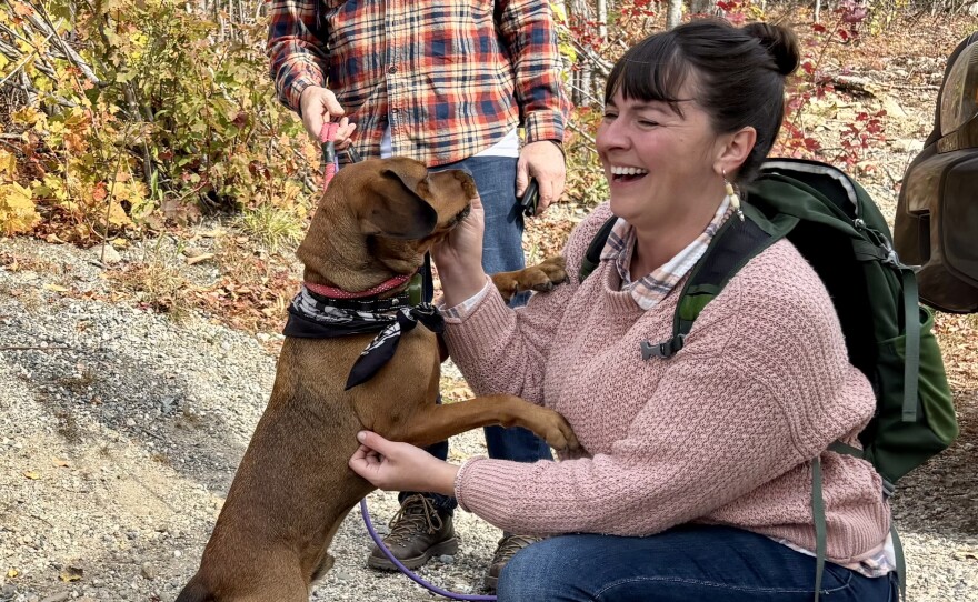 Rebecca Cushing and Andy Laverty and their dog Freshie camped in the White Mountains over the holiday weekend and climbed Artists Bluff Trail Sunday.