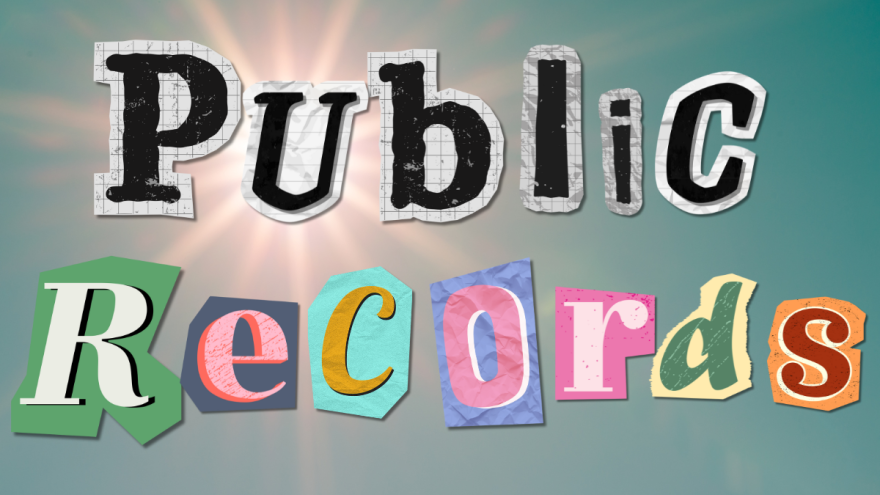 A sunburst sits behind cutout magazine letters spelling "public records." 