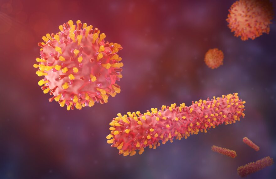 Respiratory syncytial virus particles are seen in an illustration.