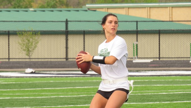 Badin's Hailey Weber drops back to pass during an afternoon practice.