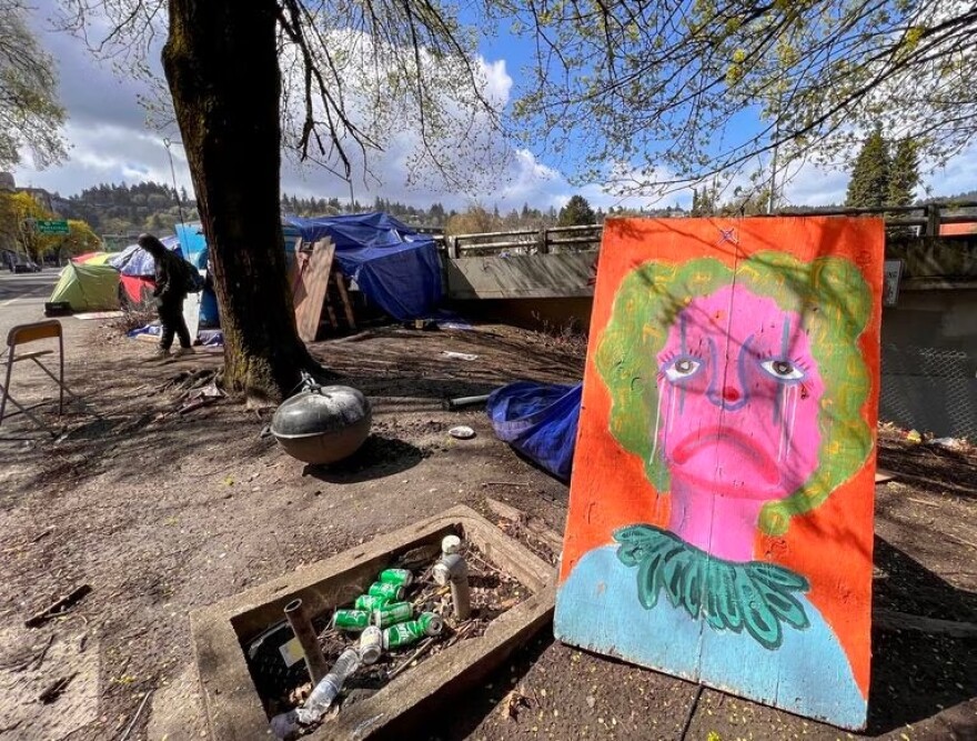 Tents along Southwest 13th Avenue in Portland in April 2022. Many campers stay in this area because of the close proximity Outside In where they are able to access support services.