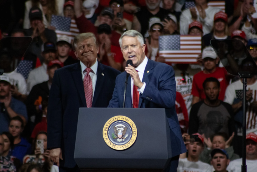 President Donald Trump rallied for Republican U.S. Senator Roger Marshall's reelection in Park City, Kansas Monday.