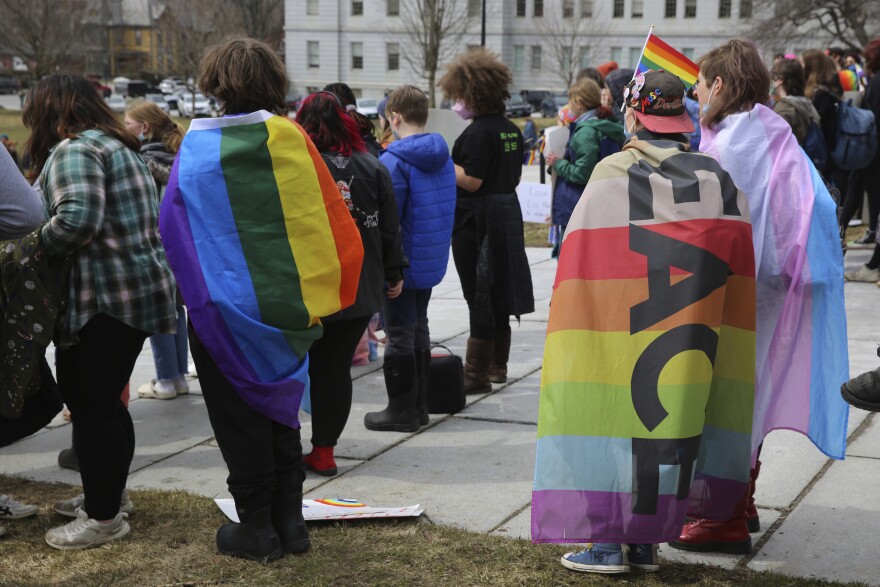 People stand facing away from the camera, some draped in rainbow and other multicolored flags 