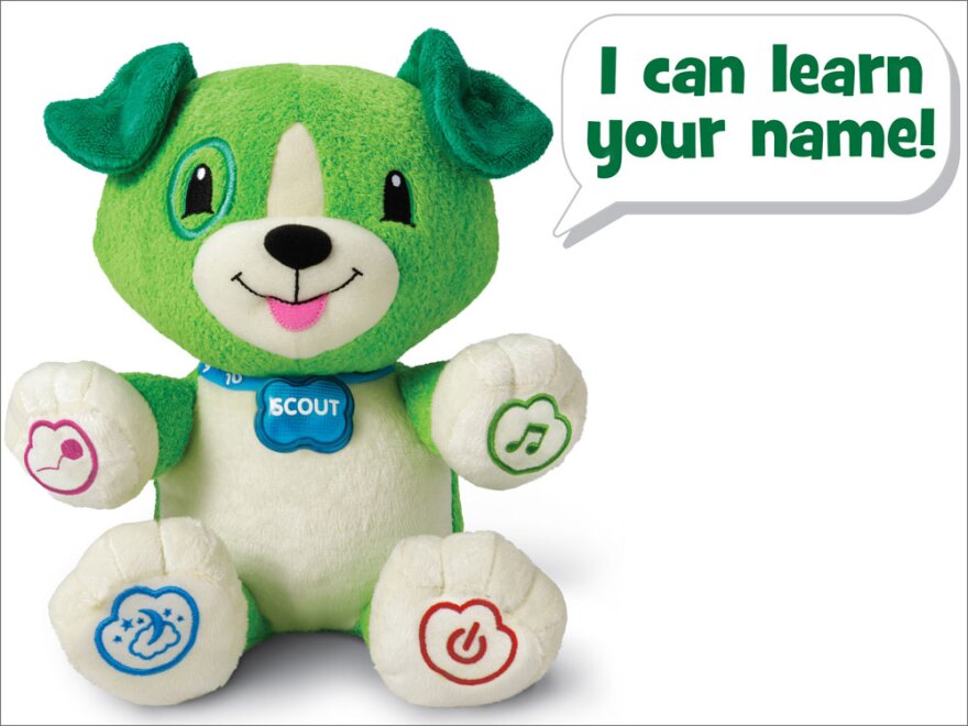 LeapFrog's My Pal Scout can be programmed to say a child's name by plugging it into an online database. LeapFrog only records new names after three people have requested it.