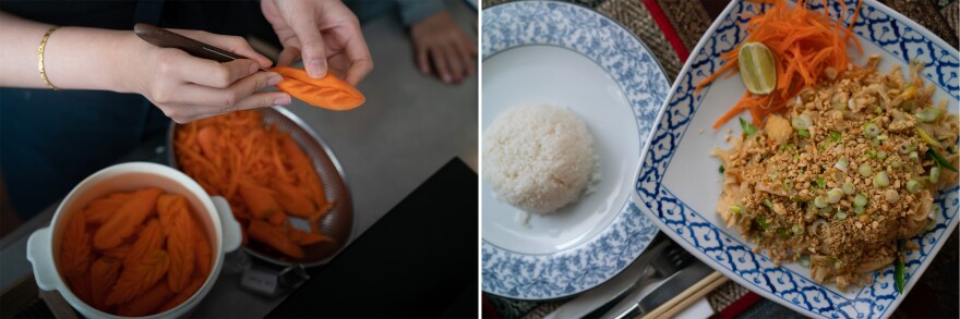 One of Paprajong's daughters carves a carrot in preparation for the evening (left). Plates of rice and Pad Thai (right).