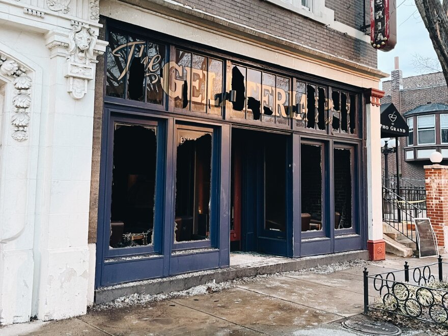 The Gelateria has its windows broken out and soot covers the ground after a fire that has temporarily closed it down.
