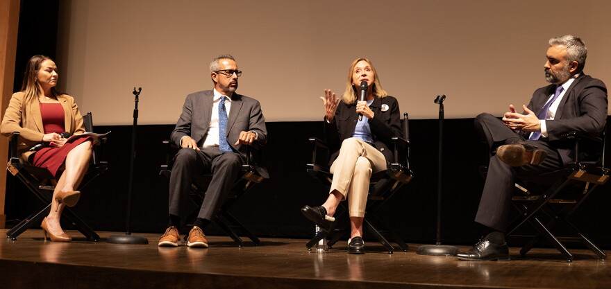 From left to right: Panel moderator Erin Muffoletto-Hernandez, Sen. Antonio Maestas (D-Albuquerque), Kristin Bride and New Mexico Attorney General Raúl Torrez discuss social media reform efforts following an Oct. 2, 2026, screening of "Your Attention Please" in Albuquerque. The documentary follows Bride's efforts to press Congress to approve precautions for kids on social media.