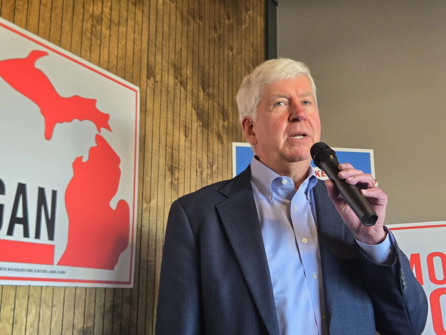 Republican former Gov. Rick Snyder speaks at an event in West Michigan on Oct. 28, 2026.