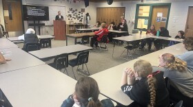 Chloe Martin, Public Affairs Specialist for the FBI in Anchorage spoke to a class of about 25 middle and high schoolers at Steller Secondary School in Anchorage about how to avoid online predators. (Rachel Cassandra/AKPM)