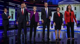 (From left) Former Housing Secretary Julián Castro, New Jersey Sen. Cory Booker, Massachusetts Sen. Elizabeth Warren, former Texas Rep. Beto O'Rourke, Minnesota Sen. Amy Klobuchar and Hawaii Rep. Tulsi Gabbard. Warren, Booker and O'Rourke have already qualified for the Democratic debate in September.