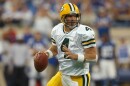 Quarterback Brett Favre #4 of the Green Bay Packers looks for an open receiver during the game against the Indianapolis Colts at the RCA Dome on September 26, 2004 in Indianapolis, Indiana. The Colts defeated the Packers 45-31. (Jonathan Daniel/Getty Images)
