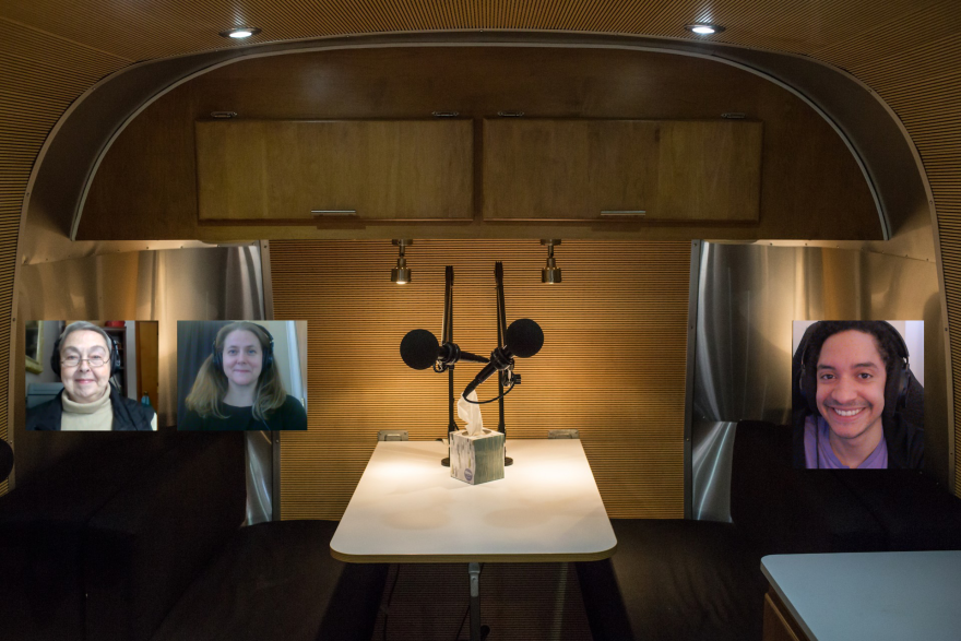 Betty, Karen, and Bryant in a virtual room with a microphone and tissue box on a table. 