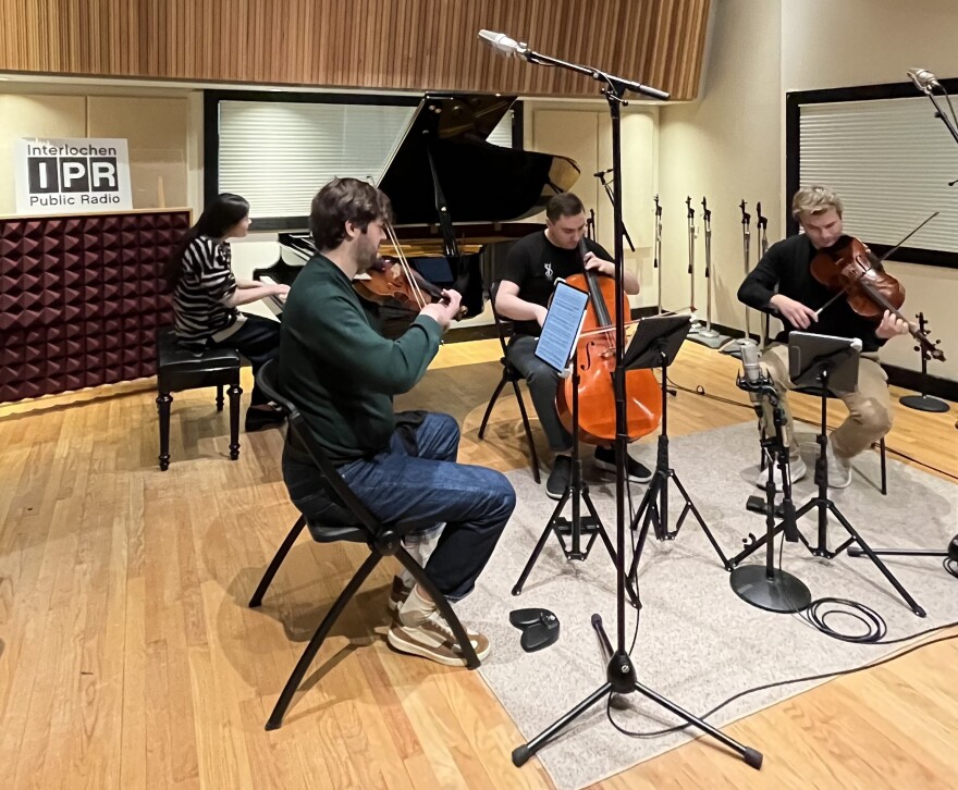 The piano quartet version of Viridian Strings performs in IPR's Studio A (June 2025)