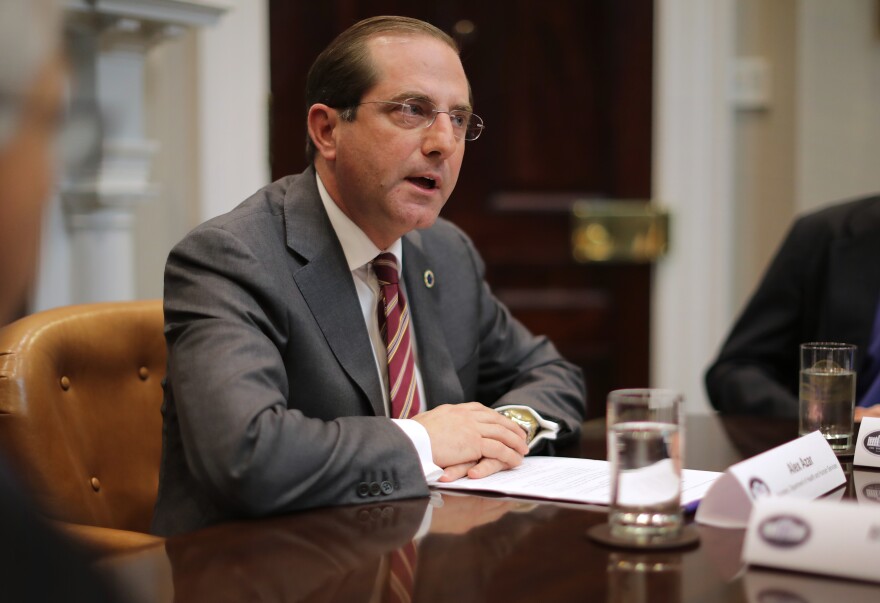 HHS Secretary Alex Azar at a White House roundtable discussion of health care prices in January. Azar tells NPR his office is now in "active negotiations and discussion" with drugmakers on how to make HIV prevention medicines more available and "cost-effective."