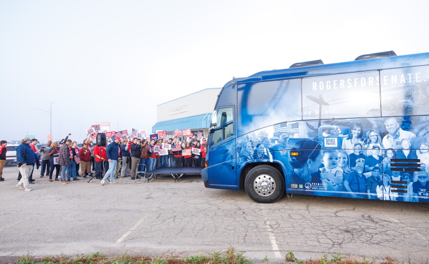 A campaign bus for Republican U.S. Senate nominee Mike Rogers arrives in Lansing Township, Mich., on Oct. 24, 2026.