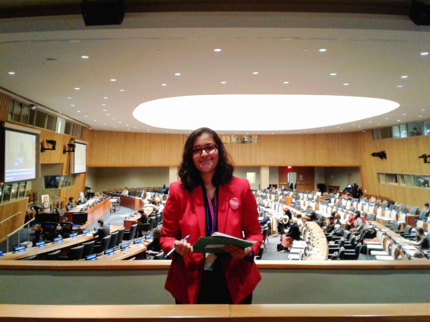 Sakshi Satpathy at the U.N.'s headquarters in March. On Thursday, she received an award from the Girl Scouts at the U.N. for her work to fight child marriage and human trafficking.