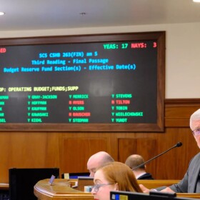 Senate President Gary Stevens, R-Kodiak, announces the final vote passing the operating budget of 17 to 3 on May 7, 2026.
