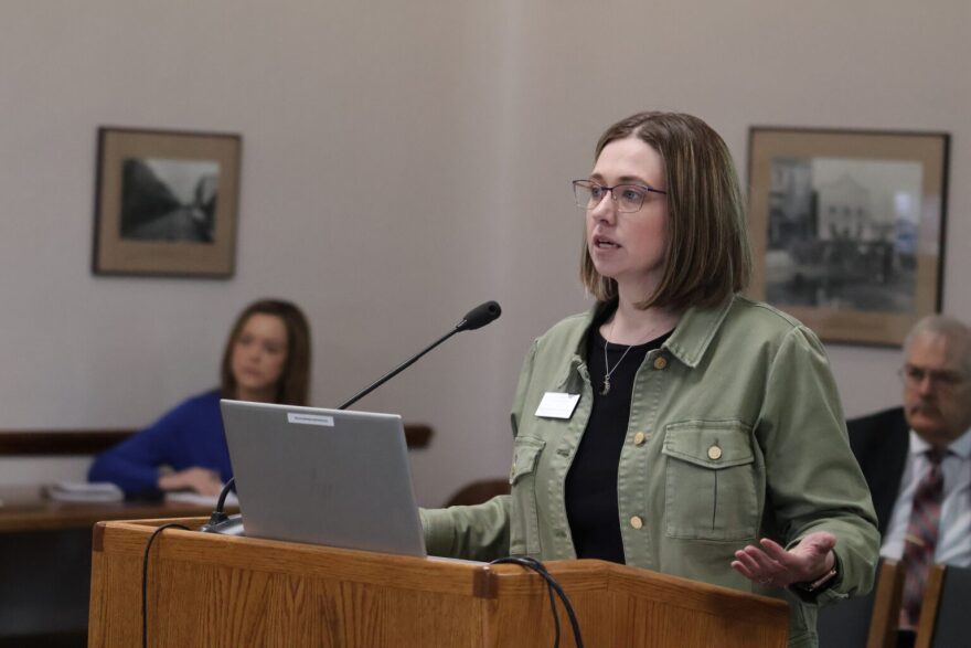 North Dakota League of Cities Deputy Director and Attorney Stephanie Dassinger-Engebretson discusses how the new 3% cap on annual property tax increases is affecting communities during a March 17, 2026, legislative committee meeting in Bismarck, N.D.