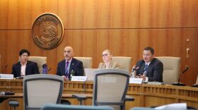 The Behavioral Health Reform and Investment Act’s executive committee — from left to right: Dr. Violette Cloud, Behavioral Health Services Division Director Nick Boukas, Health Care Authority Secretary Kari Armijo and Administrative Office of the Courts Director Karl Reifsteck — pictured on Aug. 5, 2025. (Source NM file photo)