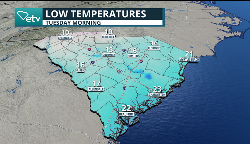 Tuesday morning forecast lows.