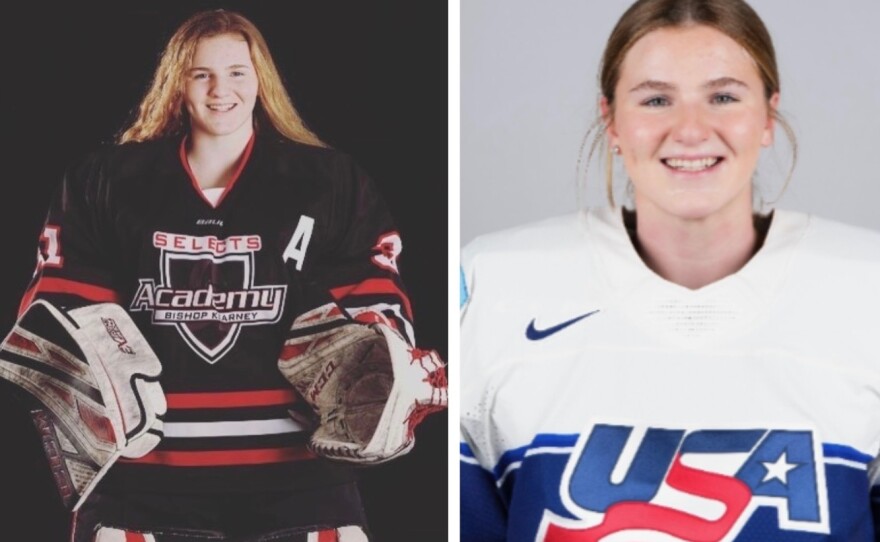 Two side-by-side pictures show the same young woman: in the photo at left she is wearing a black hockey uniform; in the photo at right she is wearing a white hockey jersey.