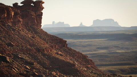 Red rock formations rise from the Valley of the Gods section of Bears Ears National Monument in southeast Utah, Sept. 18, 2024.