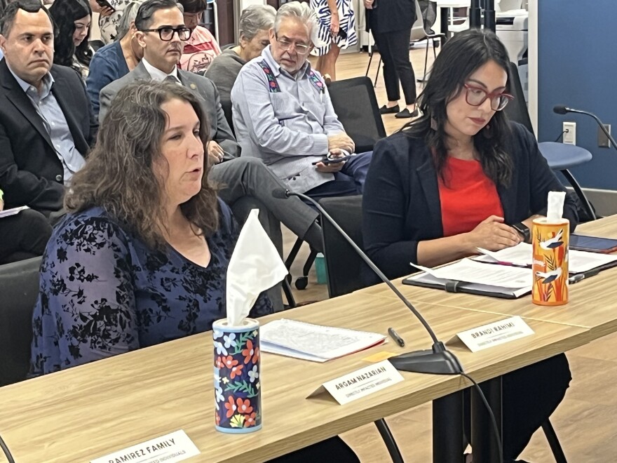 Brandi Rahimi, wife of detained Iranian Shahrokh Rahimi, speaks on the panel about her firsthand accounts with ICE and the toll on her family from her husband's current detention, at the People's Hearing on Immigration Enforcement in San Antonio. 8/4/2026.