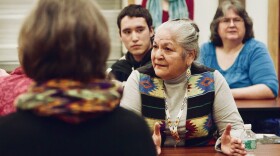 Georgina Sappier-Richardson shares her story of being placed in foster care, at a Maine Wabanaki-State Truth and Reconciliation Commission community visit. (Ben Pender-Cudlip/Courtesy of Upstander Project)