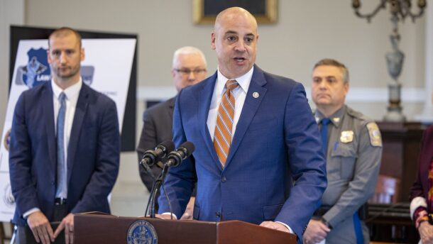 Pennsylvania Attorney General Dave Sunday is seen during a May 2025 press conference in Carlisle. Sunday on Monday, Oct announced that his office will launch a pilot program to aid people with mental illness who commit minor crimes by connecting them with treatment without fear of facing criminal charges.
