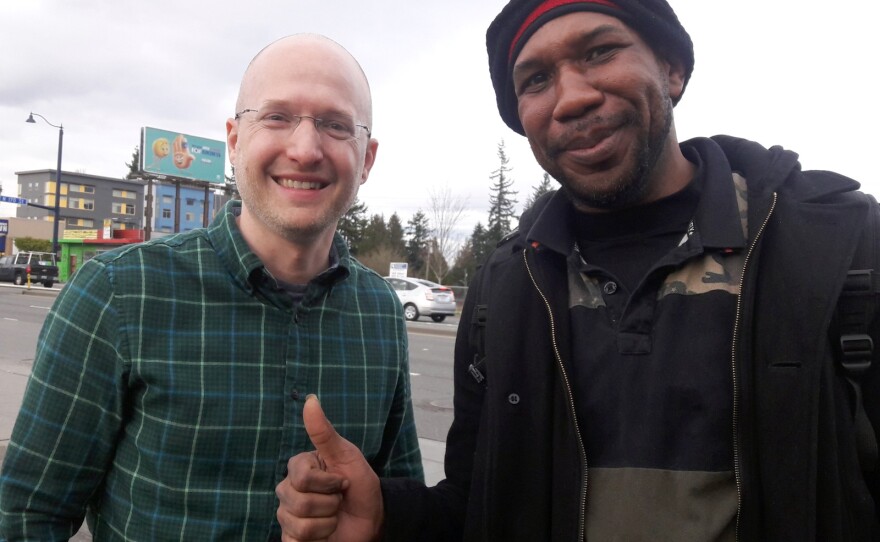 Al Jawann Johnson (at right) answered our question with a spontanous poem. He's seen here with Josh Castle of LIHI, the Low Income Housing Institute.