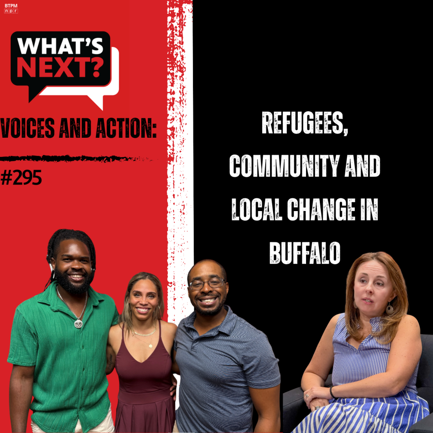 Background from left to right: red, then a vertical, thick white stripe in the middle, then black. from left to right: WN logo in the top corner, "VOICES AND ACTION: #294" in white text over the red and "REFUGEES, COMMUNITY AND LOCAL CHANGE IN BUFFALO" in white text over the black, then photos of the guests placed throughout the image.