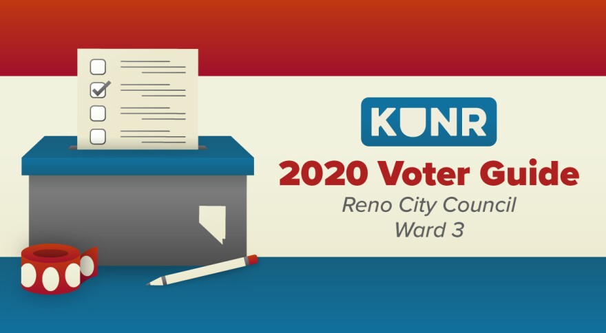 KUNR 2020 voter guide for Reno City Council Ward 3. Illustration of a ballot being placed into a box. A pencil and a roll of stickers are in front of the box.