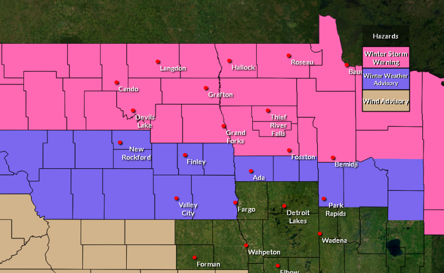 Winter storm watch and warnings in effect in northwest Minnesota as of the afternoon of Feb. 17, 2026.