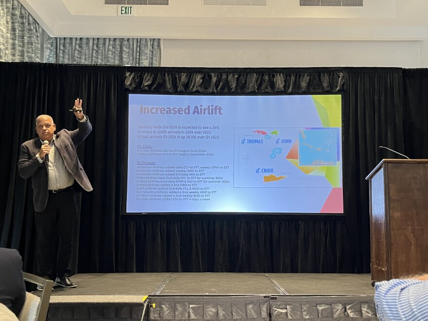 Tourism Commissioner Joseph Boschulte stresses importance of airlift capacity for success of territory’s tourism industry during his presentation.