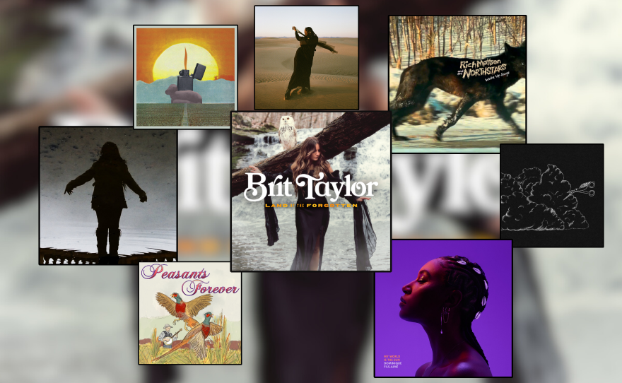 A collage of 8 squares with album artwork in them over a blurred white and black image.