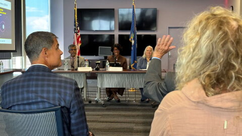 Education Commissioner Charlene Russell-Tucker greeted elected officials in the audience during the unveiling of the 2025-26 student test scores and attendance numbers on Aug. 31, 2026.