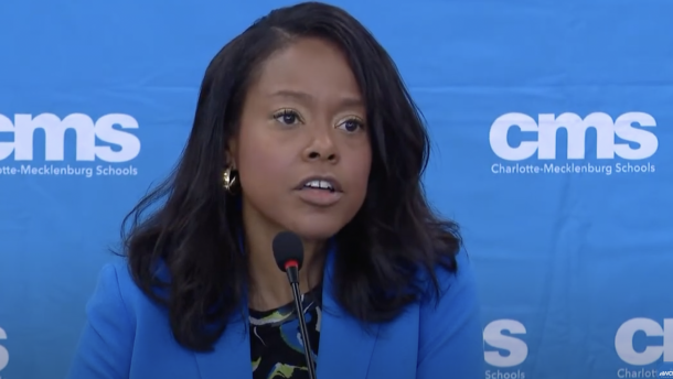 Superintendent Crystal Hill responds to a question about the district's McKinney-Vento grant error at a Tuesday news briefing.