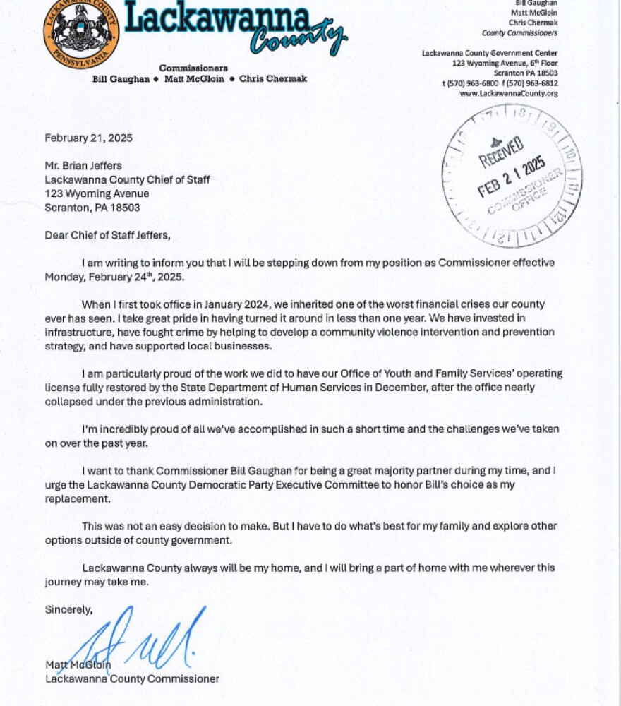 Lackawanna County Commissioner Matt McGloin's resignation letter