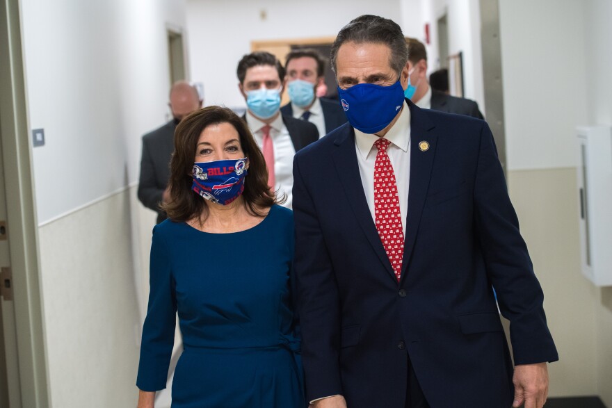 Gov. Andrew Cuomo, right, with Lt. Gov. Kathy Hochul hold a COVID-19 press briefing update at Roswell Park in Buffalo on Jan. 25, 2021.