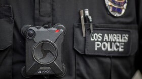 A Los Angeles police officer wear an Axon body camera during the Immigrants Make America Great March to protest actions being taken by the Trump administration on February 18, 2017 in Los Angeles, Calif. (David McNew/Getty Images)