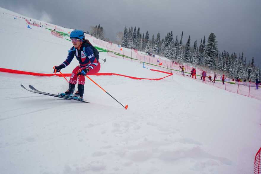Jessie Young competes in the mixed relay at the 2025 ISMF Ski Mountaineering World Cup in Solitude, Utah on Dec. 6, 2025.