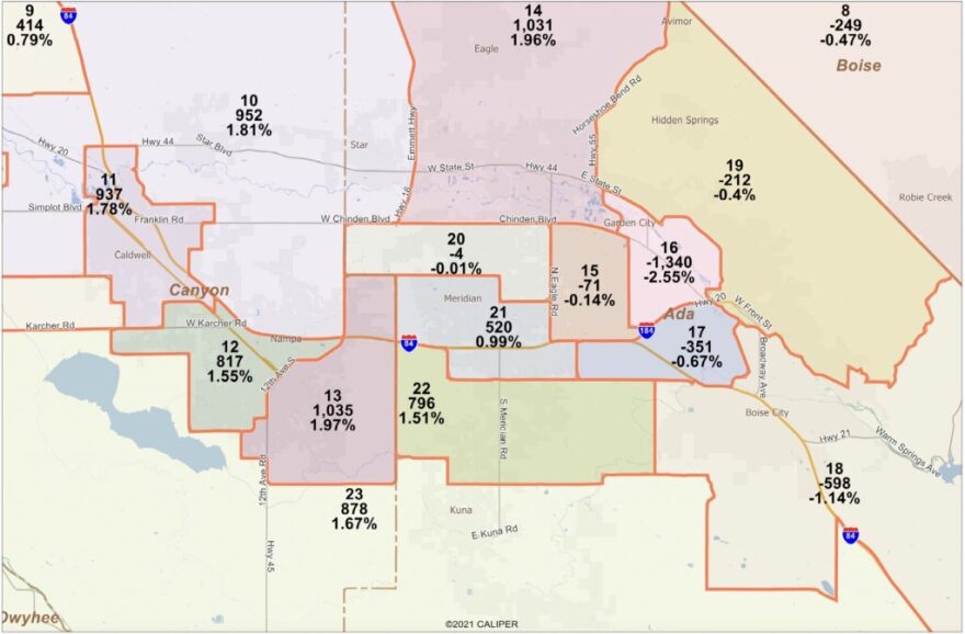 Idaho’s redistricting commission approved legislative map L03 on Nov. 10. This section of the map shows much of the Treasure Valley. (Courtesy of Idaho Commission For Reapportionment)