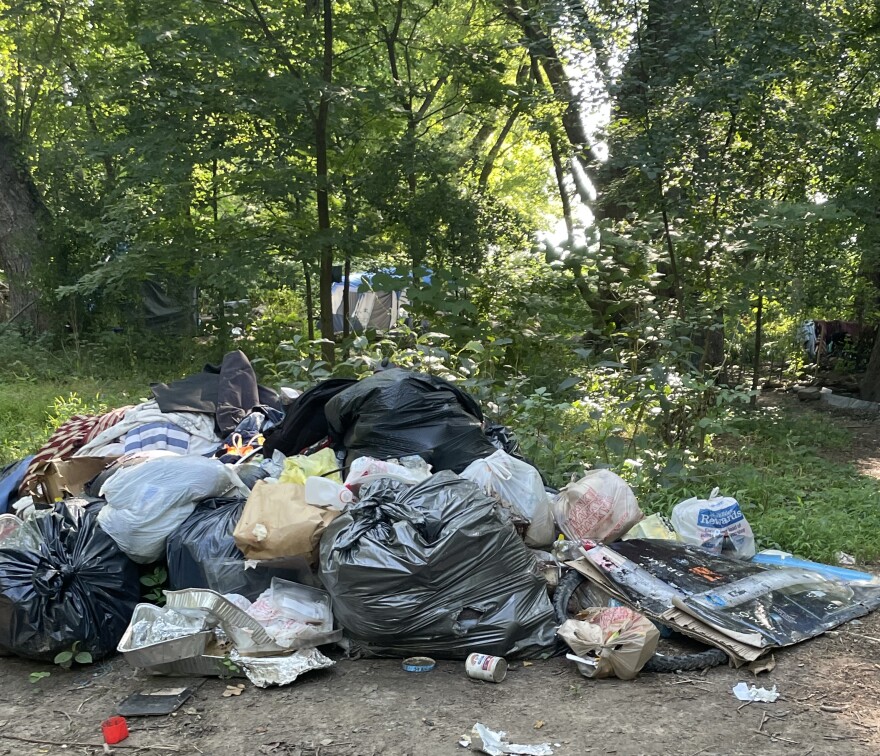 Wilkes-Barre Mayor George C. Brown on Monday announced that city officials will be clearing camps from the riverfront area of Kirby Park starting Thursday, July 25, citing what he called 'significant health and welfare issues,' such as the pile of trash seen here.