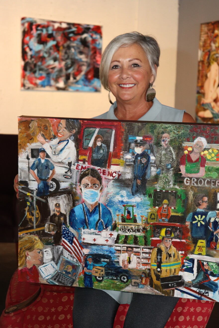 Pam Morley with her pandemic-inspired painting