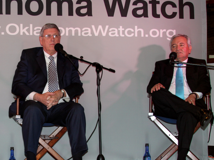 Keith Ballard, superintendent of Tulsa Public Schools, and Dave Lopez, interm superintendent of Oklahoma City Public Schools, answer questions from the audience on a range of education issues at an Oklahoma Watch-Out forum on March 6, 2014.