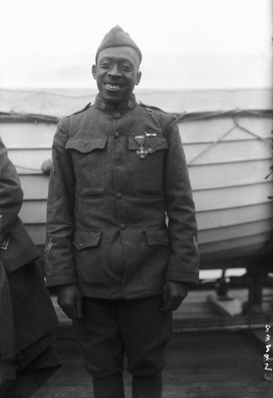 Sgt. Henry Johnson of the 369th Infantry Regiment was awarded the French Croix de Guerre for bravery while outnumbered during a battle with German soldiers, Feb. 12, 1919.