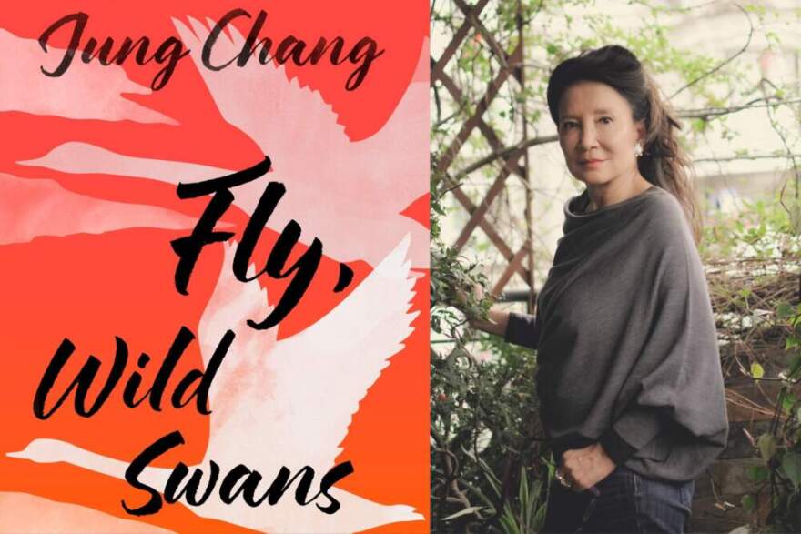The cover of "Fly, Wild Swans" beside author Jung Chang. (Courtesy of  Globalflair LTD)
