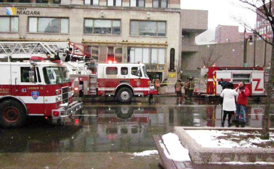 Fire trucks at the scene of blaze at Convention Tower Tuesday morning in downtown Buffalo